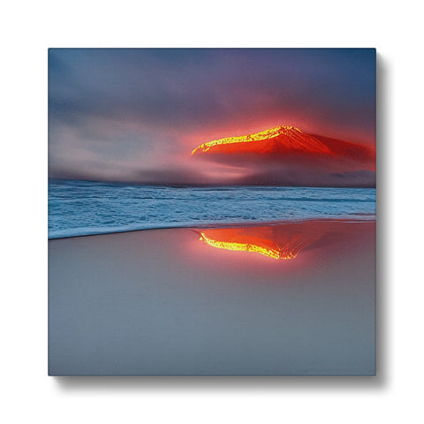 A volcano erupting with flames on a red color art print