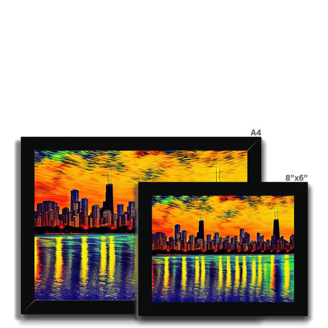 four high quality printed monitors displaying a city skyline and picture of a green leafed lake