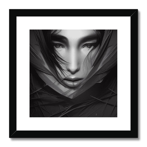 A framed art print of a geisha with a ring on her head.