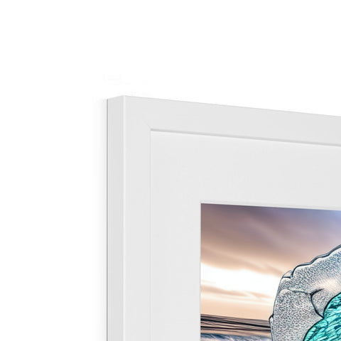A photo frame is in a blue frame with a frame and art on it.