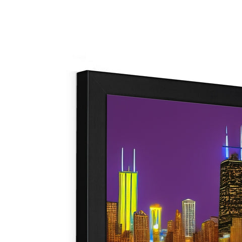 A picture frame with the view of the city skyline with a tablet on it