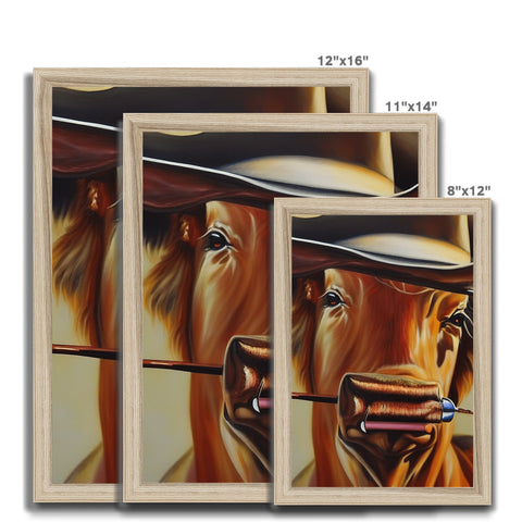A group of framed pictures of two horses wearing cowboy hats sitting on the side of a