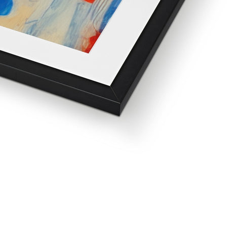 A red and white photograph hanging on a wood frame with an abstract painting.
