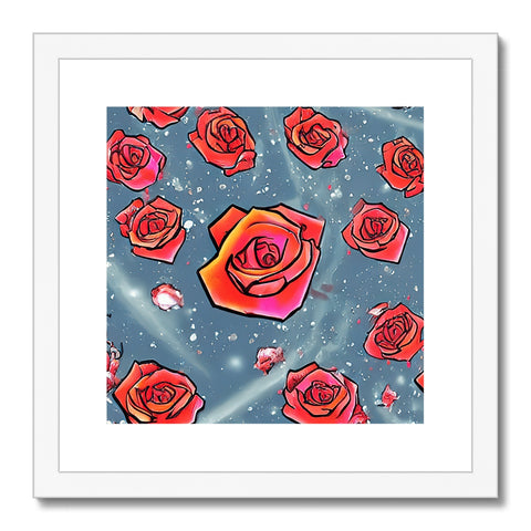 An art print with pink blooms standing atop of a red rose bush