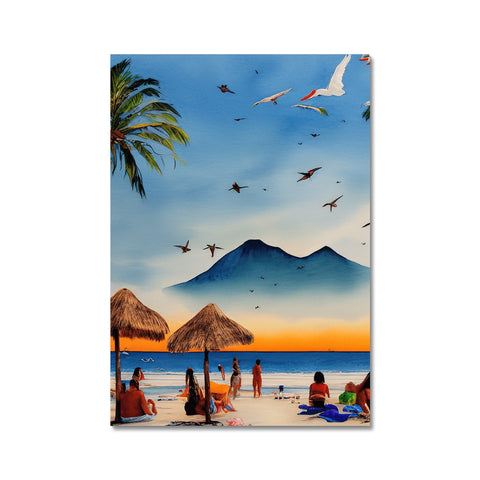 A painting featuring birds hanging on a beach chair on a dark sunny beach.
