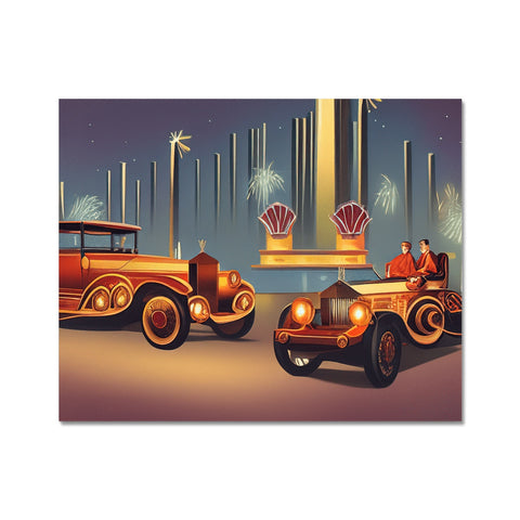 A white place mat with an image of antique cars in the background.