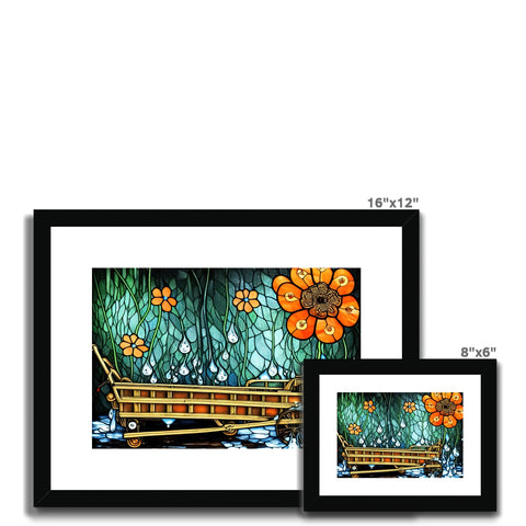 A beautiful colorful picture frame with three boats outside of a building covered in foliage and a