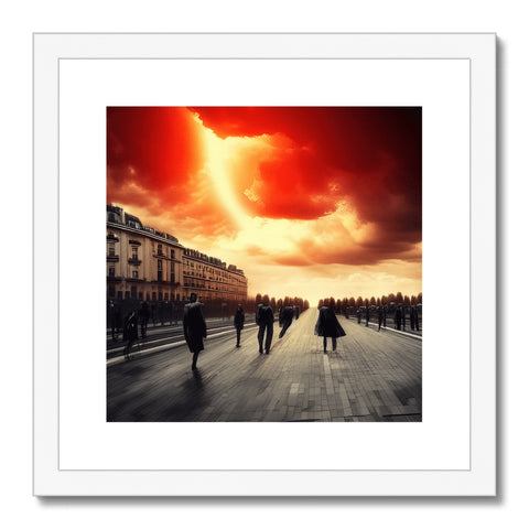 A red and black art print with two different types of clouds and landscapes.