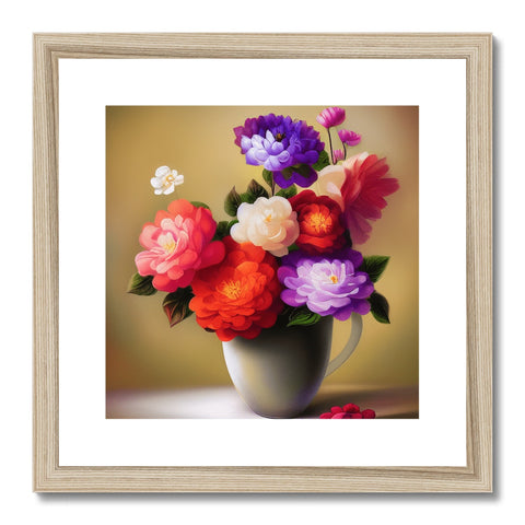 There is a colorful flower bowl with flowers and a wooden frame with art prints.