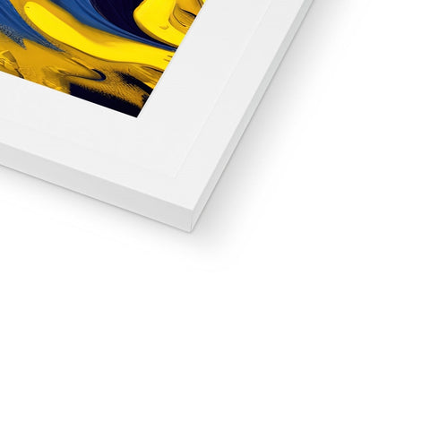 A picture frame with the colors of white, blue and yellow on it.