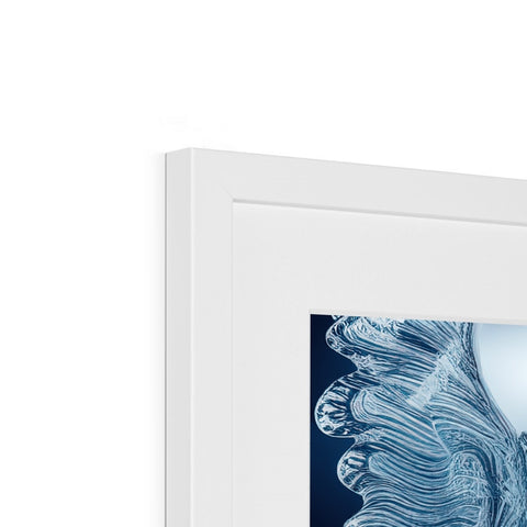 A picture frame on a wall hanging from a glass wall on a white backdrop.
