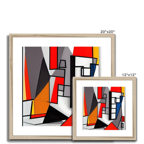 A very colorful wall frame has three different paintings with the three different shapes painted on it