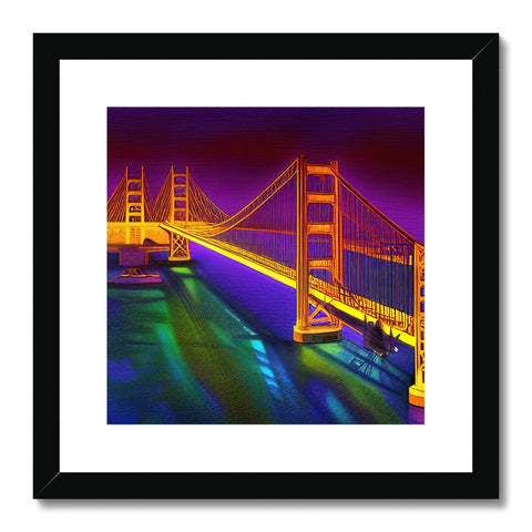 Portrait on an art print of a golden gate in a city with red sky.