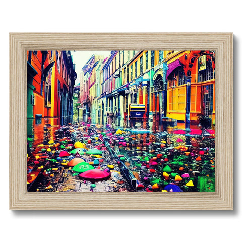 Art print sitting on a colorful, wooden frame hanging on a frame covered in a flower