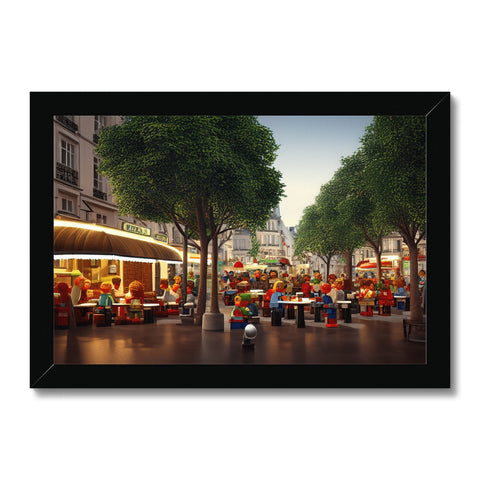 A photo of an outdoor cafe is hanging on a picture frame.