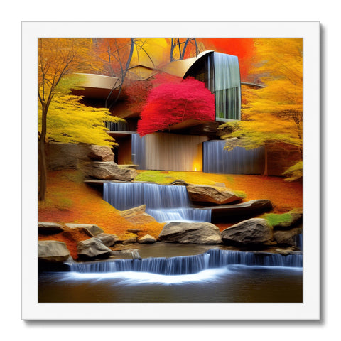 An art print of a waterfall with leaves and fall foliage.