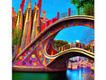 a beautiful bridge in the middle of the city of Barcelona with bright colored artwork
