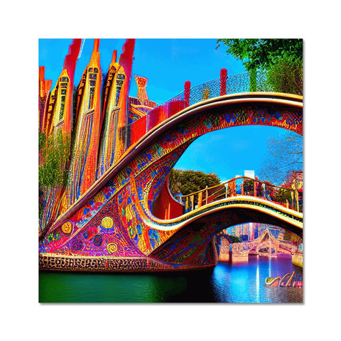 a beautiful bridge in the middle of the city of Barcelona with bright colored artwork
