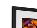 A framed photo sits atop of a white frame with black framed artwork on it.