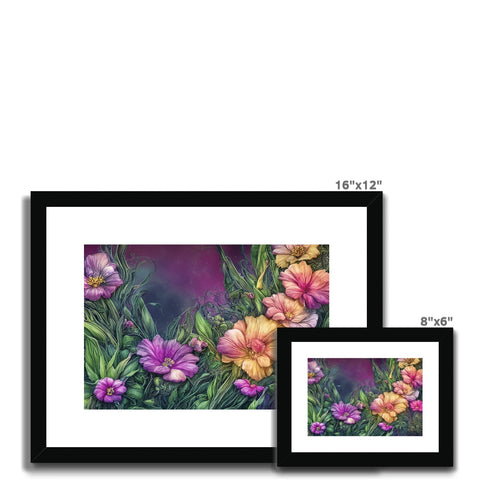 a picture frame contains purple flowers near a white background