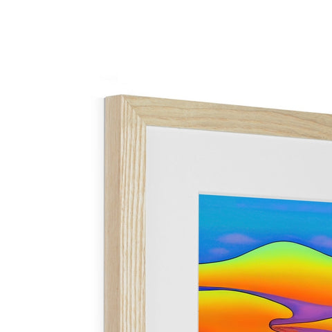 A wooden picture frame with two white sheets in it containing a printed piece of art,