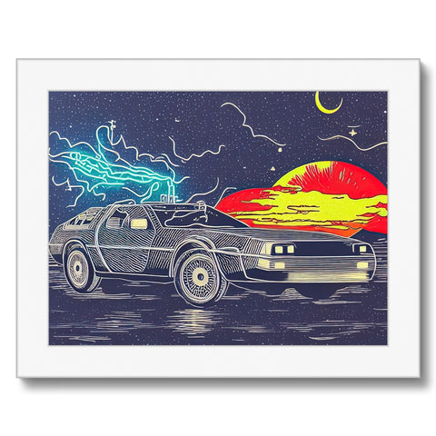 A hot rod vehicle is speeding through a stormy stormy night.