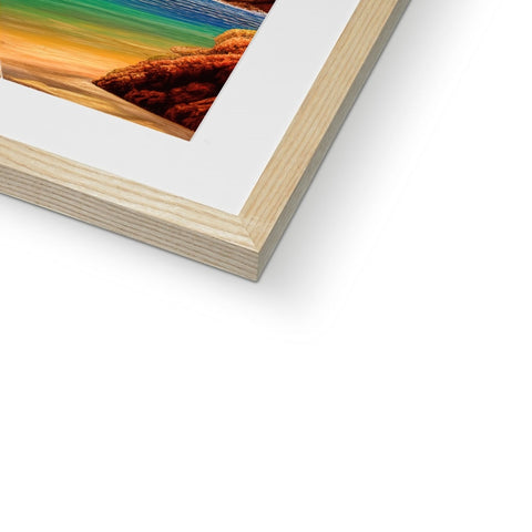 An art print on the photo of wood sitting in a wooden frame.
