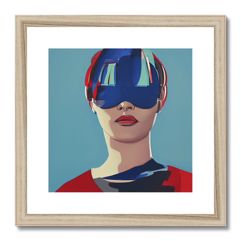 Red photo of an art print framed in blue and purple on a wooden frame.