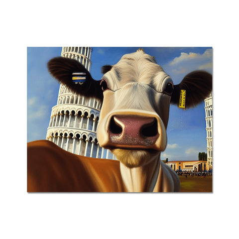An image of a cow inside of a small picture on a stick.