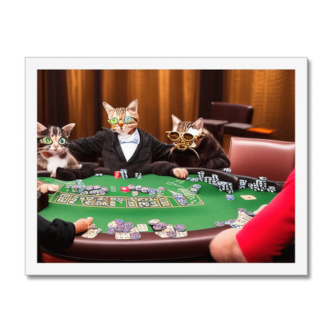 three cats are sitting on chairs in a table holding poker cards at a casino table