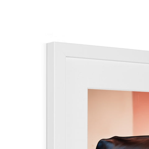 A big white picture frame sitting on top of a fireplace by a picture window.