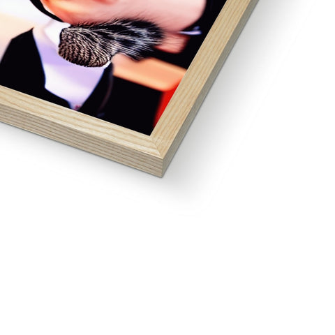 A photo taken with a wooden photo frame of a book inside a white background.