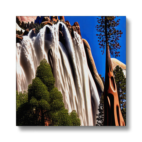 Art print of a waterfall with a mirror standing on a rock wall.