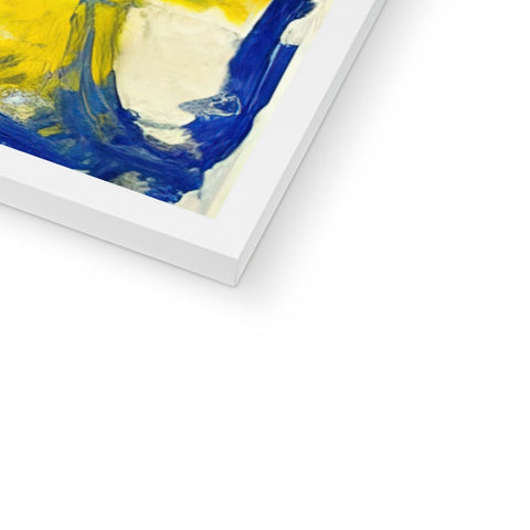 A blue and yellow painting covered in paints on a white canvas.