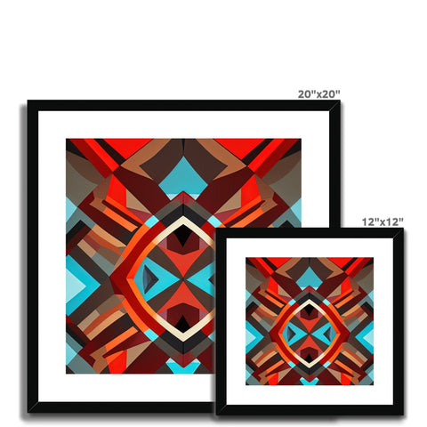 The three picture frames sitting on a wooden frame with geometric design on each one of them