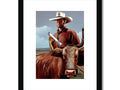 An art print of a cowboy riding a horse on a ranch.