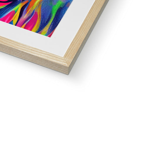 A picture of an abstract art print sits on a frame of wood.
