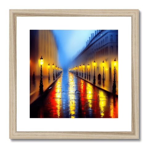 Some art print that is framed with a picture of a lighted street while a car