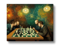 A group of men playing chess on table with a piece of art print on.