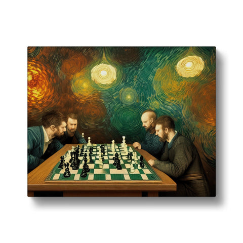A group of men playing chess on table with a piece of art print on.