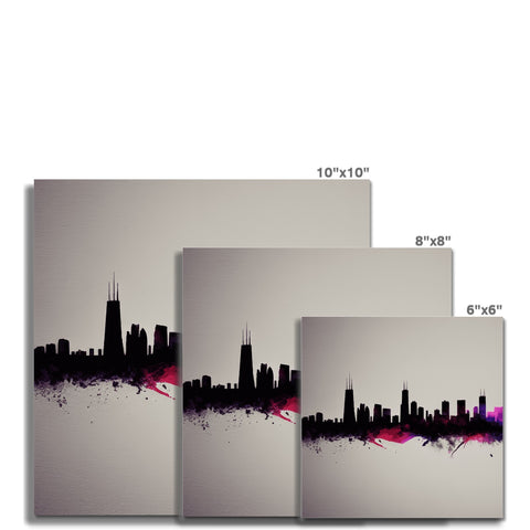 Art prints cover a glass piece of wall with a city skyline in the background.
