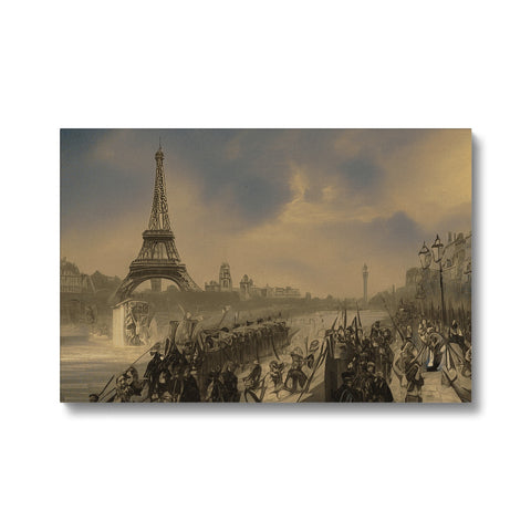 A large white picture of an old frieze of the Eiffel Tower in