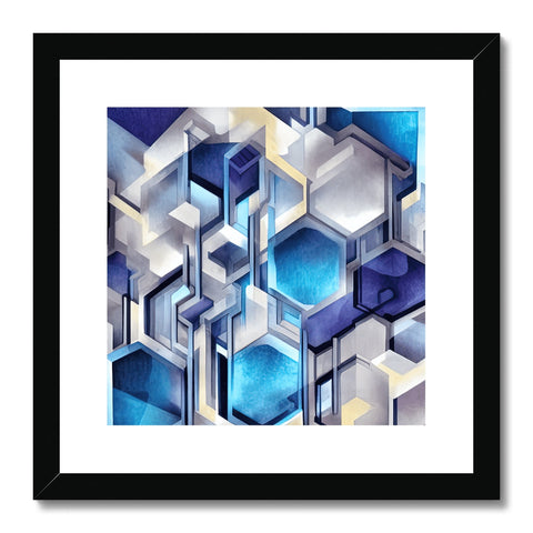 A framed print of a blue painting on a wall with geometric design on back.