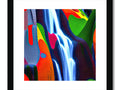 This is a colorful print with a waterfall flowing down a narrow brown stream.