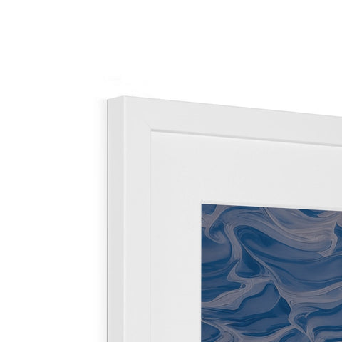 a picture frame that reflects a picture of the white and blue sea with a person standing