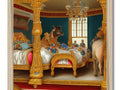 A bed with a picture of a horse hanging in a bedroom and a large mirror that