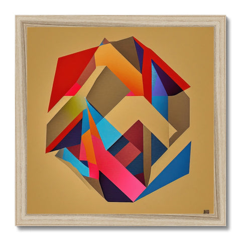A gold framed print with different shapes and colors on wood