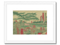 a city skyline view in the distance is framed in a wood art print on the side