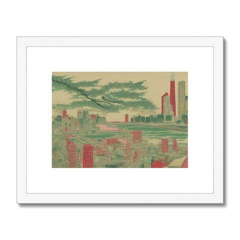 a city skyline view in the distance is framed in a wood art print on the side