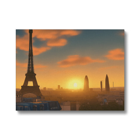 A sunrise is shown in a bright blue sky with an image of the city of Paris